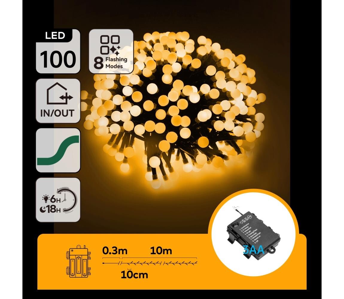 B.V.  - LED Venkovní ván řetěz 100xLED/8 funkcí 3xAA 10,3m IP44 teplá bílá B10303K5I