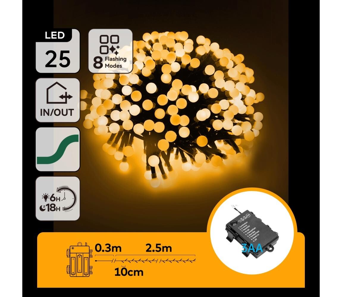 B.V.  - LED Venkovní vánoční řetěz 25xLED/8 funkcí 3xAA 2,8m IP44 teplá bílá B10303K5G