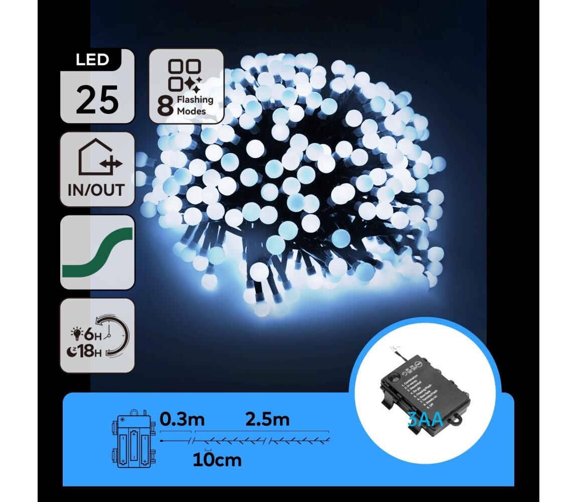 B.V.  - LED Venkovní ván řetěz 25xLED/8 funkcí 3xAA 2,8m IP44 studená bílá B10303K5J