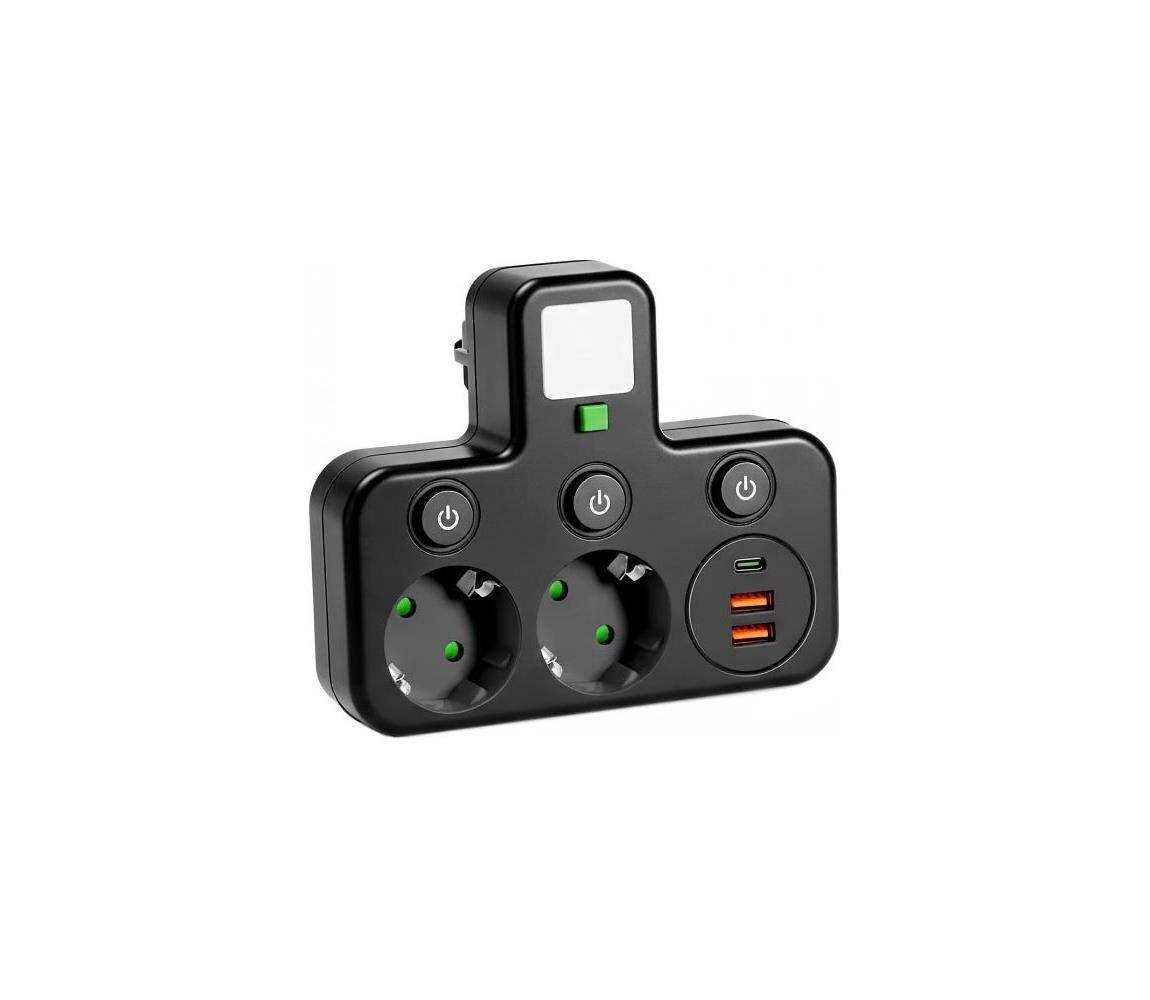 Rozbočovací zásuvka s vyp a LED osvět LINEA 2Z + 3xUSB A/C SCHUKO 4000K černá 004876