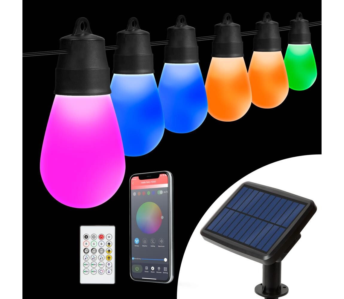 LED RGBIC Solární řetěz 30xLED/1,3W/3,7V 2200 mAh 14,37 m IP65 černá + DO 11747