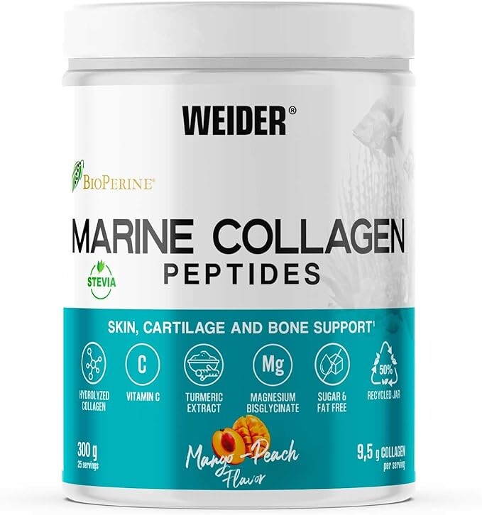Weider Marine Collagen Peptides 300 g, kolagenní peptidy z ryb, s extraktem z kurkumy a černého pepře, vitamínem C a hořčíkem, Mango Peach