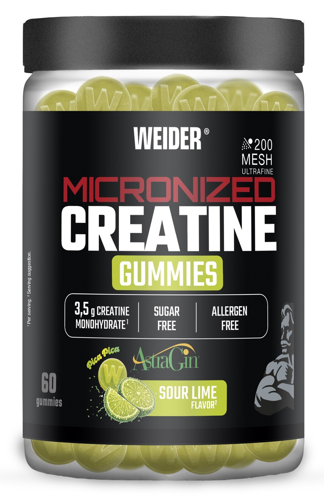 Weider Micronized Creatine Gummies 60 cps, želatinové bonbóny s mikronizovaným kreatinem Mesh 200, Souer Lime