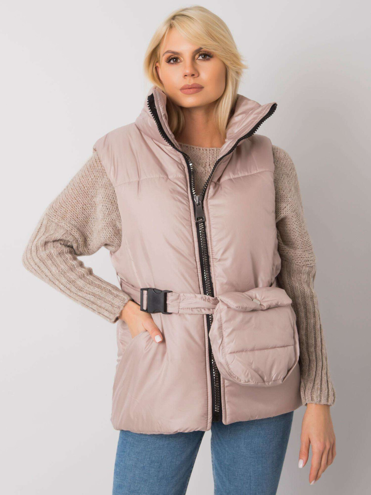 Béžová dámská vesta s páskem EM-KZ-611.40X-beige Velikost: S/M