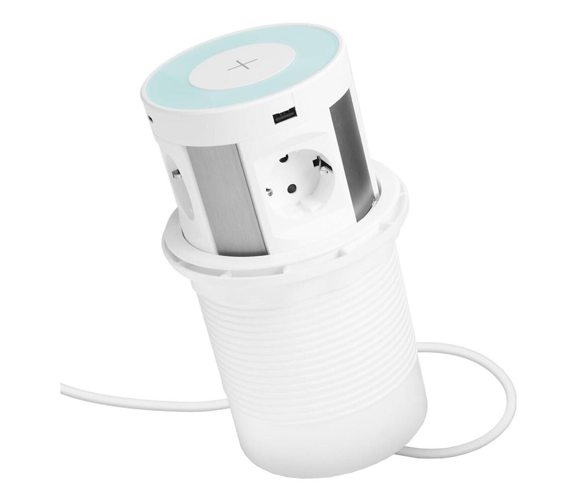 Zásuvkový sloupek pro desku stolu s bezd. nabíjením 4x230V+2xUSB-A+2xUBS-C bílá 20434WH