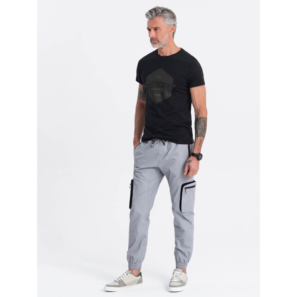Ombre  Pánské kalhoty joggers Theophax světle šedá  Šedá
