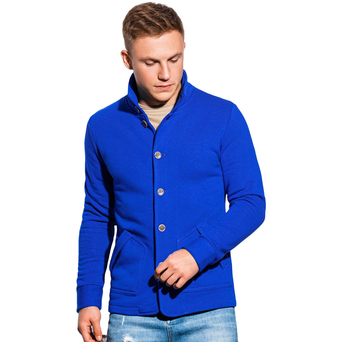 Ombre  Pánská mikina na knoflíky Carmelo modrá XL -  Hnědá
