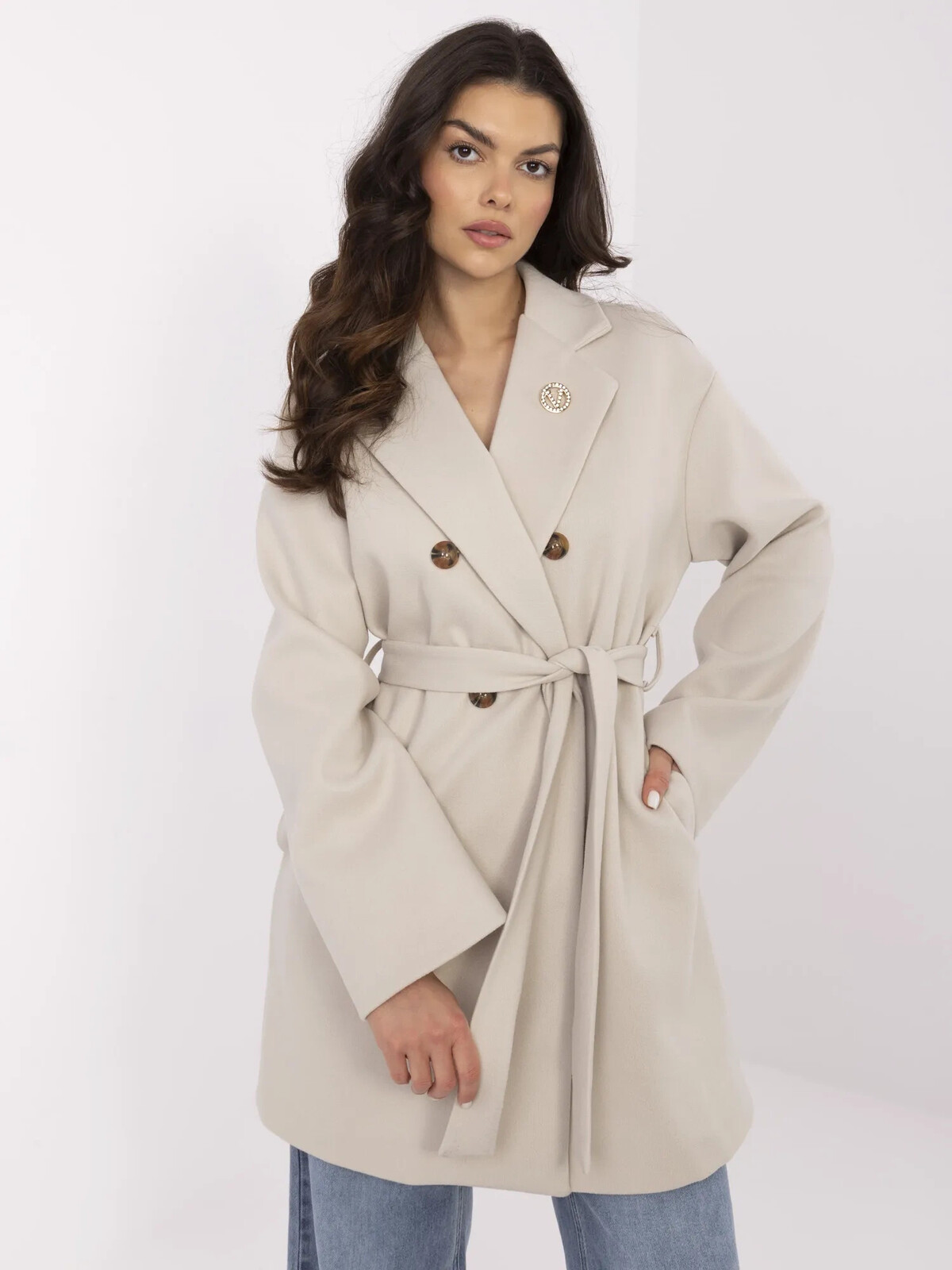 Světle béžový dvouřadý přechodový dámský kabát s páskem TW-PL-BI-28987.85-light beige Velikost: L