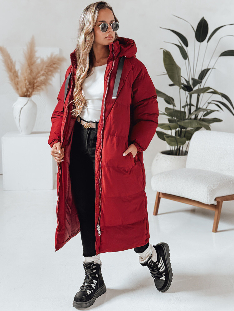 Vínový dámský dlouhý zateplený kabát COZYSEASON TY4955 Velikost: S