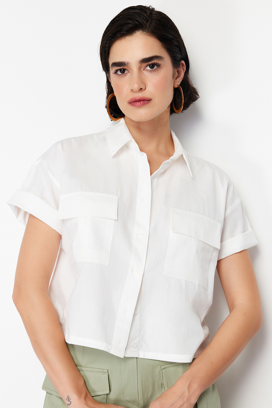 Trendyol Ecru Pocket Detailed Cotton Regular Normal Fit Woven Shirt