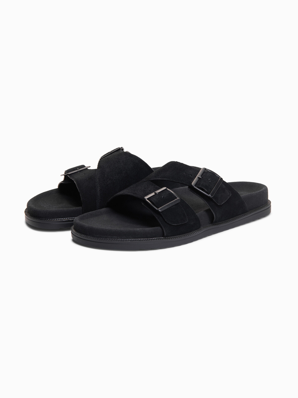 Ombre Men's natural suede flip-flops with adjustable buckles - black