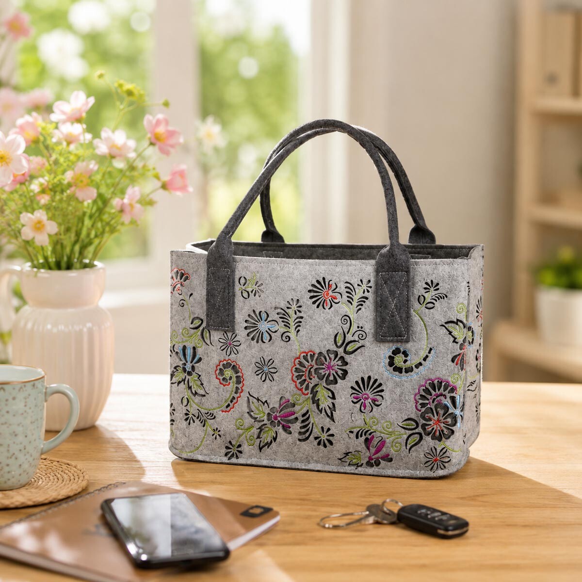 Gilde Nákupní taška Floral, světle šedá