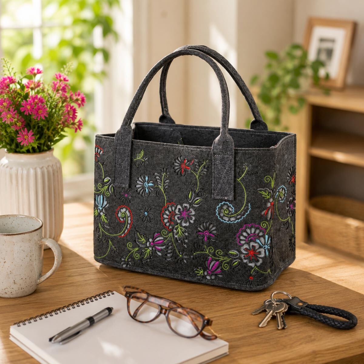 Gilde Nákupní taška Floral, tmavě šedá