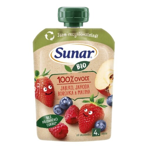 Sunar BIO ovocná kapsička Jablko, jahoda, borůvka, malina 4m+, 100g