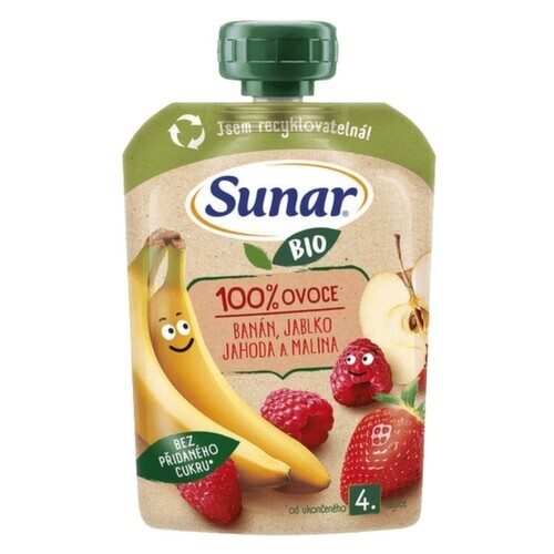 Sunar BIO ovocná kapsička Banán, jablko, jahoda, malina 4m+, 100g