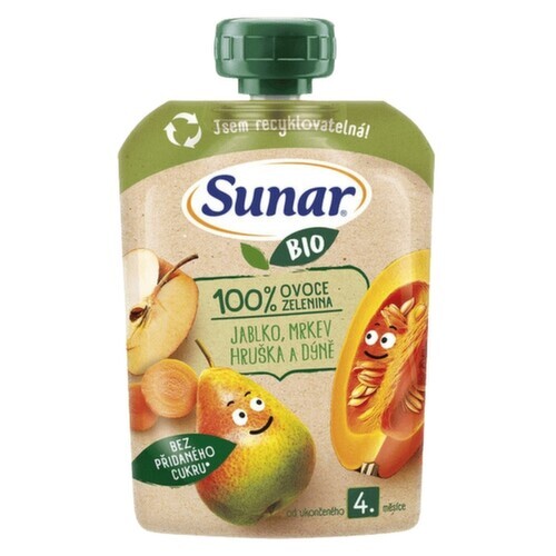 Sunar BIO ovocno-zeleninová kapsička Jablko, hruška, mrkev, dýně 4m+, 100g