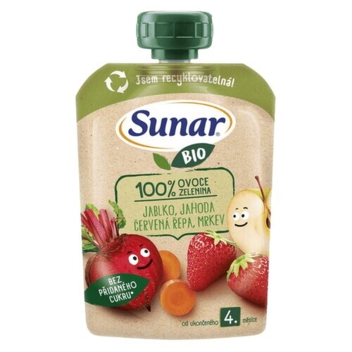 Sunar BIO ovocno-zeleninová kapsička Jablko, jahoda, červená řepa, mrkev 4m+, 100g