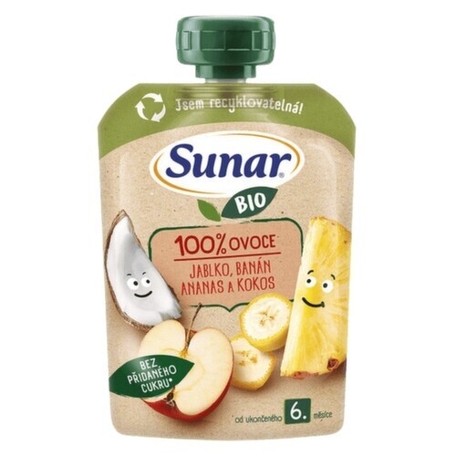 Sunar BIO ovocná kapsička Jablko, banán, ananas, kokos 6m+, 100g