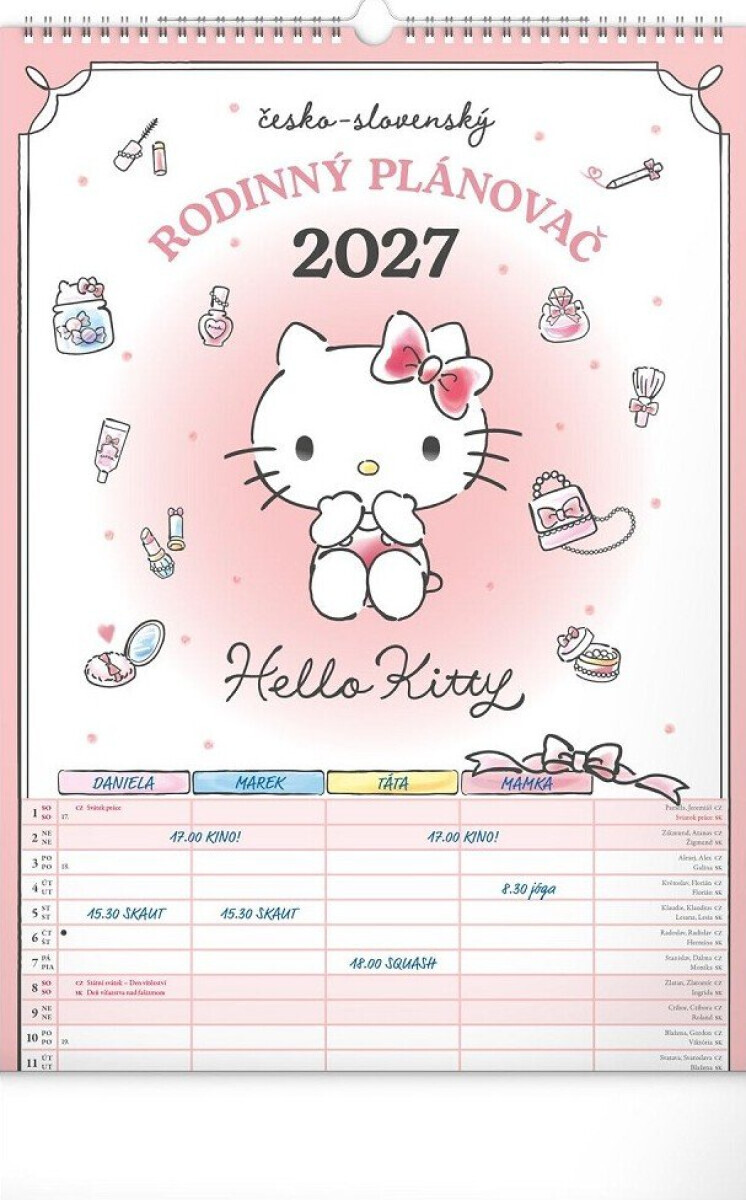 Nástěnný kalendář Rodinný plánovací Hello Kitty XL 2027, 33 x 46 cm