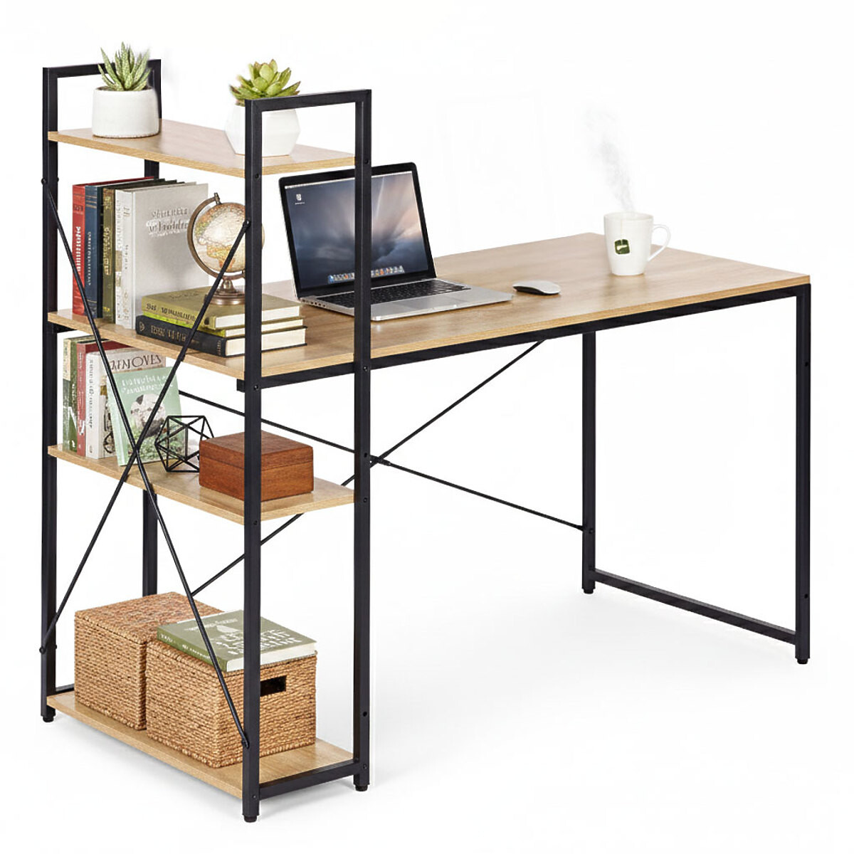 Školní počítačový stůl 120x60 cm s regálem se 3 policemi loft světlý dub ModernHome