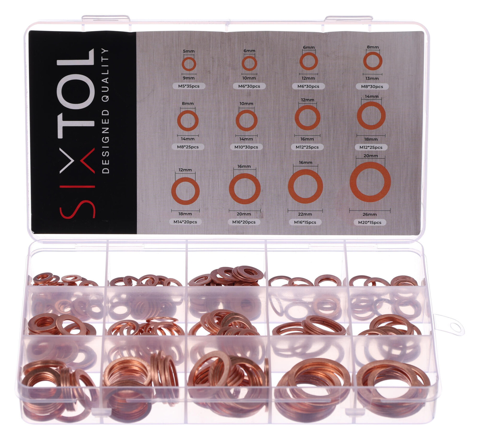 Sada měděných těsnících kroužků MECHANIC RING SET 2, M5–M20, 300 ks SIXTOL