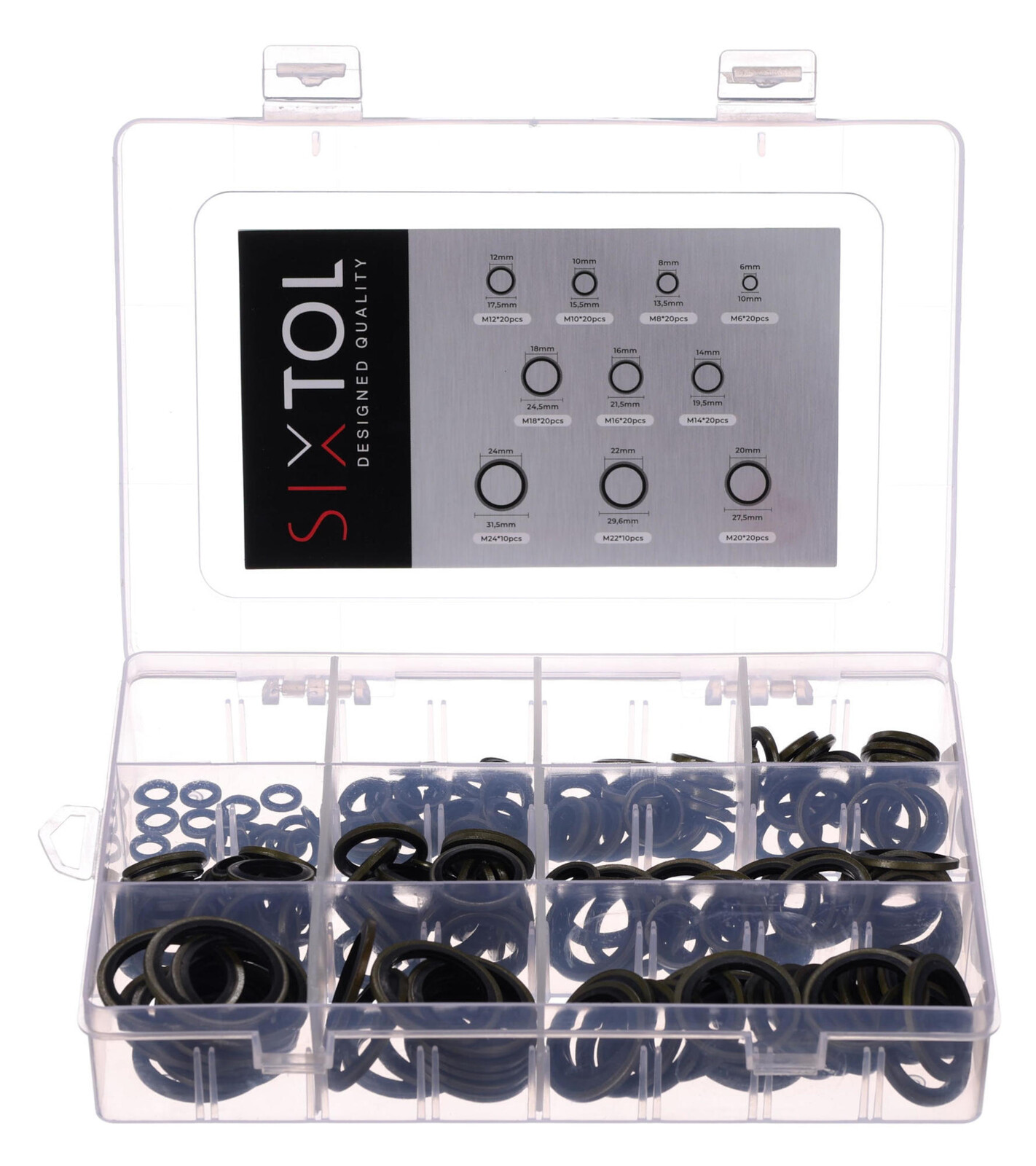 Sada těsnicích kroužků z NBR a oceli MECHANIC RING SET 3, M6–M24, 180 ks SIXTOL