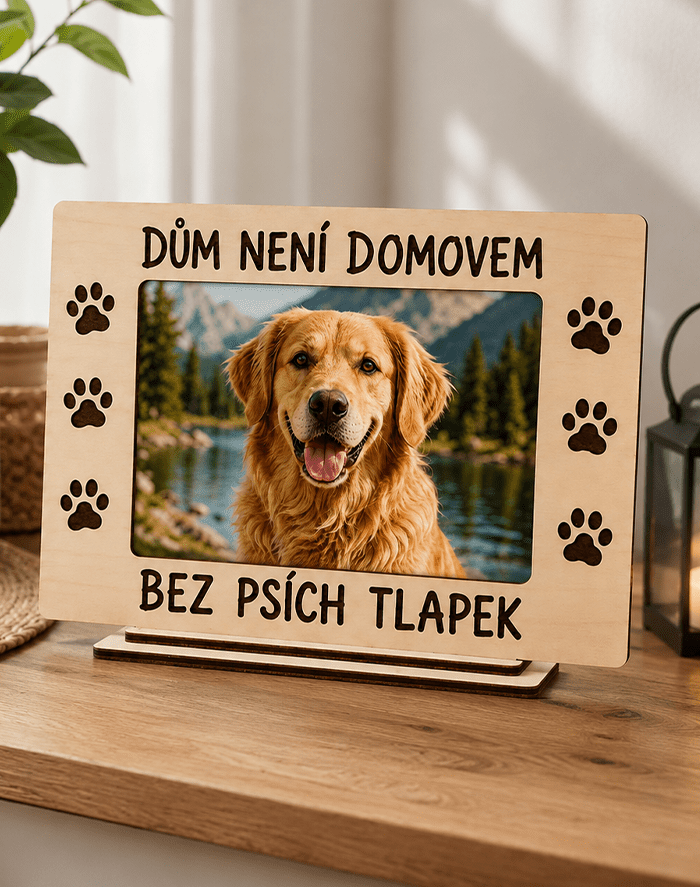Fotorámeček na dřevě s fotografií pejska A4