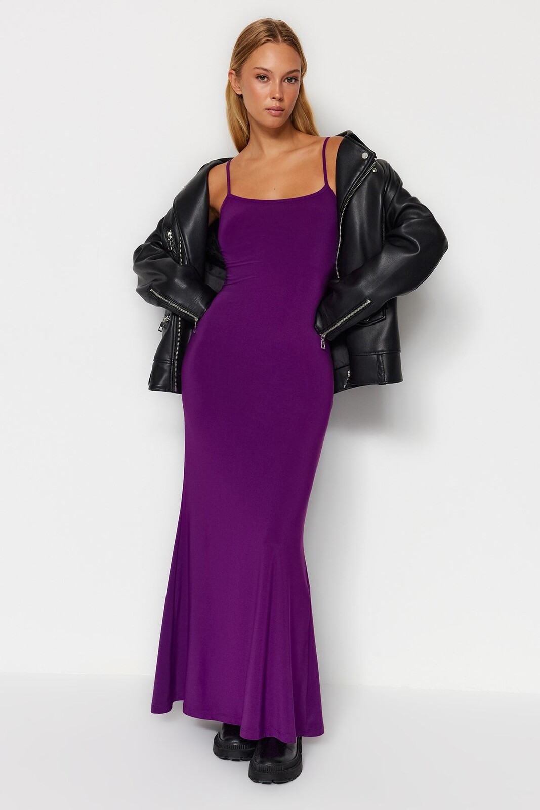 Trendyol Purple Fitted Strap Maxi Flexible Knitted Pencil Dress