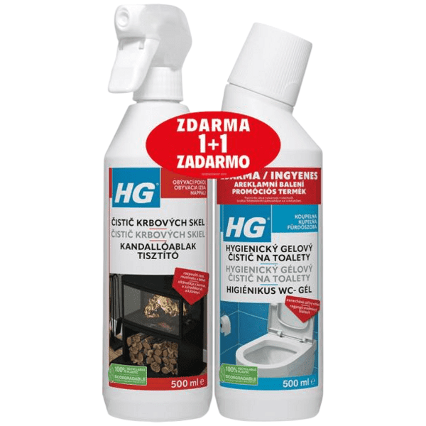 HG čistič krbového skla a skleněných dvířek krbů a kamen, 500 ml + HG hygienický gel na toalety 500 ml zdarma