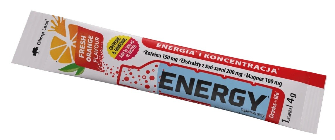 Olimp Energy Drinks 4 g, kofein s extrakty sibiřského a korejského ženšenu, hořčíkem, Pomeranč