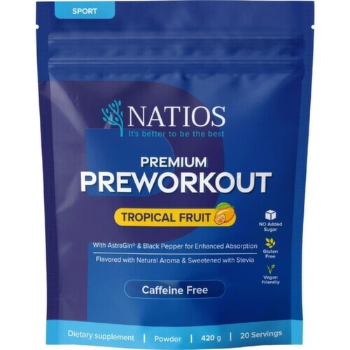 NATIOS Premium Preworkout bez kofeinu, tropické ovoce 420 g