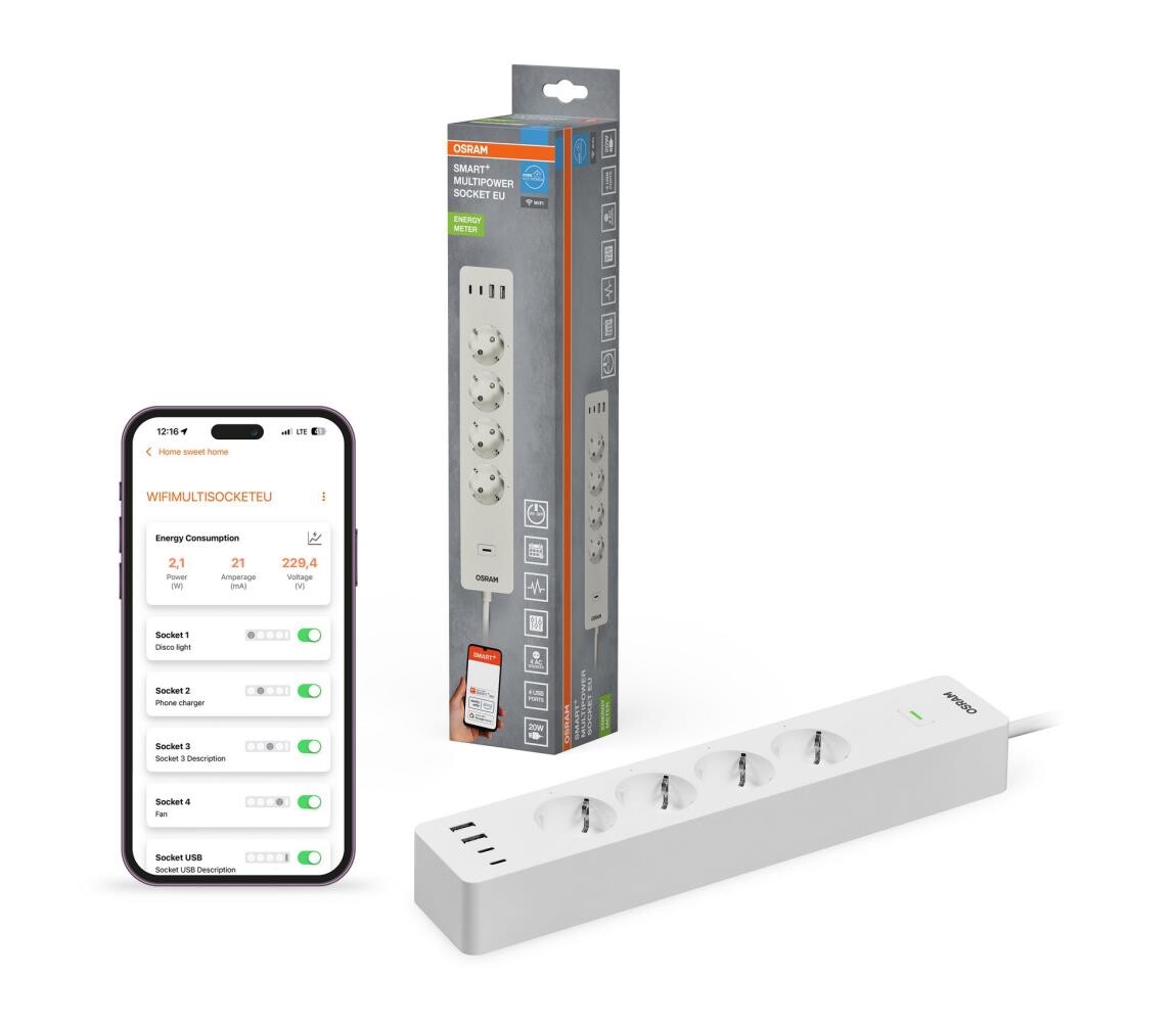 Osram - Prodlužovací kabel SMART+ 4Z typ F + 2xUSB-A + 2xUSB-C Wi-Fi 4099854418198