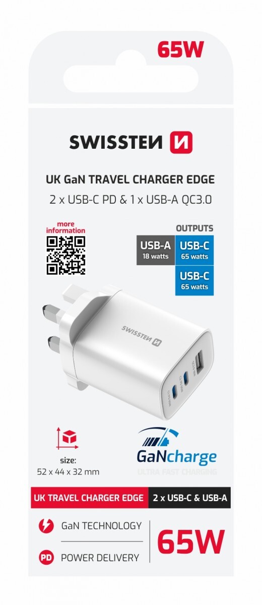 Adaptér Swissten Edge Gan 2x USB-C PD 65W + 1x USB-A 18W QC, pro uk zásuvku bílý