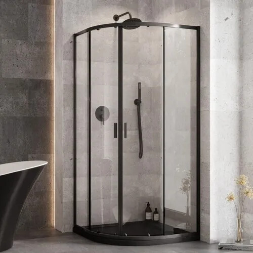 BESCO Set čtvrtkruhový kout ZARYA BLACK + vanička AXIM STONE EFFECT — Barva rámu - Černá, Rozměr A - 90, Rozměr B - 90, Výplň - Čiré bezpečnostní sklo - 5 mm