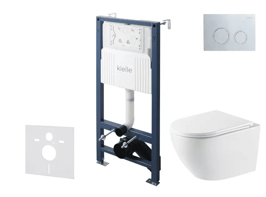 kielle 30528SS59 - Set předstěnové instalace, klozetu Oudee, Vortex Rimless+, sedátka softclose a tlačítka Gemini New II, lesklý chrom