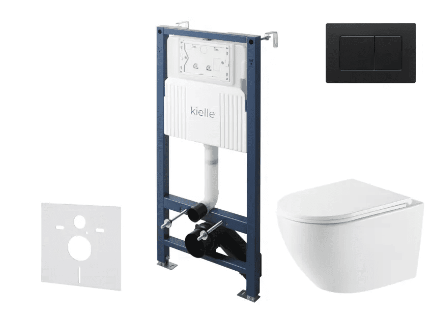 kielle 30528SS63 - Set předstěnové instalace, klozetu Oudee, Vortex Rimless+, sedátka softclose a tlačítka Gemini New III, matná černá