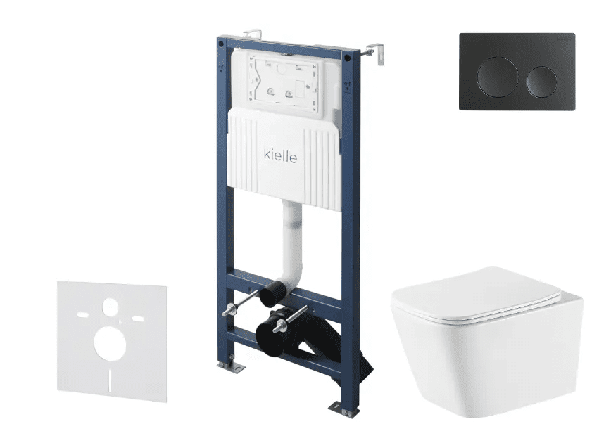 kielle 30528SS75 - Set předstěnové instalace, klozetu Arkas I, Vortex Rimless+, sedátka softclose a tlačítka Gemini New I, matná černá