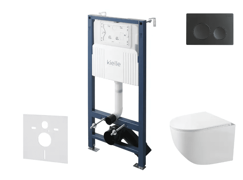 kielle 30528SS84 - Set předstěnové instalace, kompaktního klozetu Gaia, Rimless, sedátka softclose a tlačítka Gemini New I, matná černá