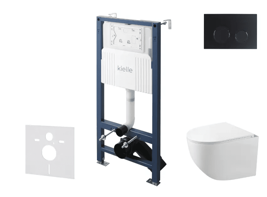kielle 30528SS87 - Set předstěnové instalace, kompaktního klozetu Gaia, Rimless, sedátka softclose a tlačítka Gemini New II, matná černá