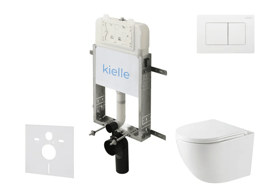 kielle 30528SZ43 - Set předstěnové instalace, kompaktního klozetu Oudee, Vortex Rimless+, sedátka softclose a tlačítka Gemini New III, lesklá bílá