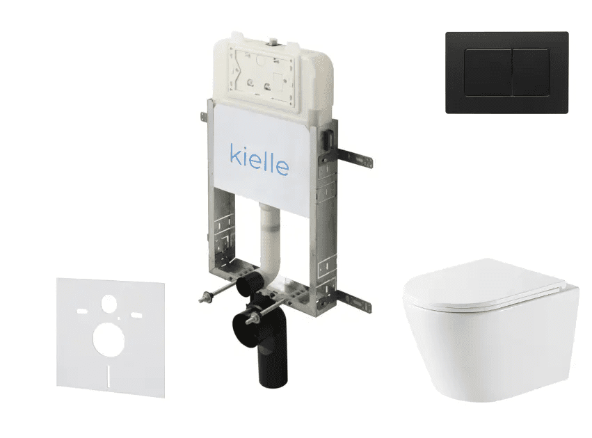 kielle 30528SZ54 - Set předstěnové instalace, klozetu Nefia, Vortex Rimless+, sedátka softclose a tlačítka Gemini New III, matná černá
