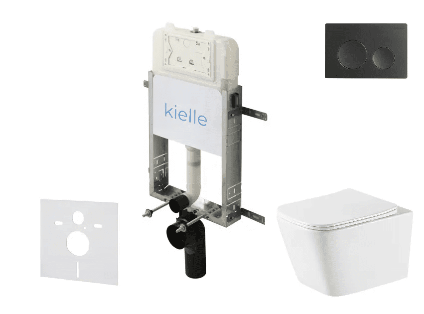 kielle 30528SZ75 - Set předstěnové instalace, klozetu Arkas I, Vortex Rimless+, sedátka softclose a tlačítka Gemini New I, matná černá