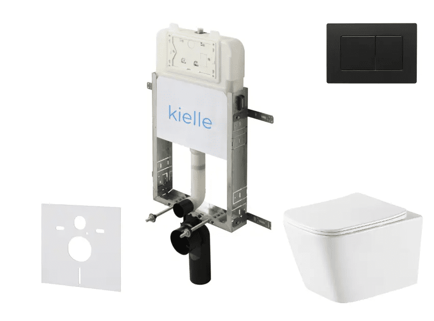 kielle 30528SZ81 - Set předstěnové instalace, klozetu Arkas I, Vortex Rimless+, sedátka softclose a tlačítka Gemini New III, matná černá