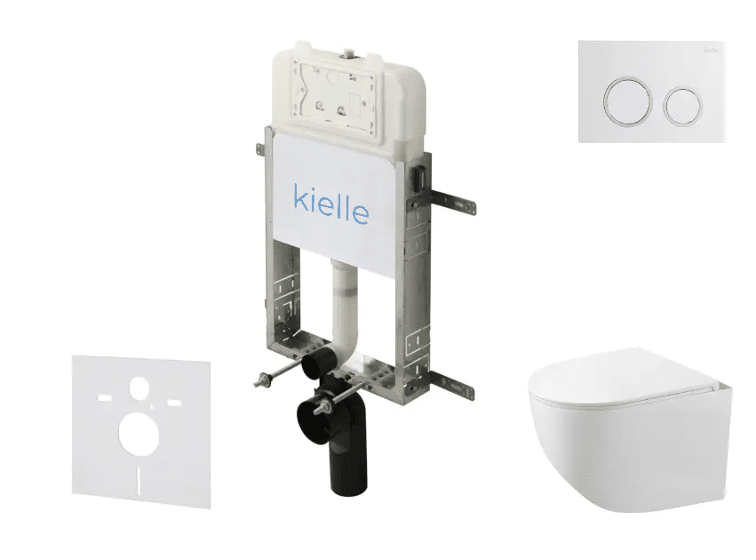 kielle 30528SZ85 - Set předstěnové instalace, kompaktního klozetu Gaia, Rimless, sedátka softclose a tlačítka Gemini New II, lesklá bílá/chrom
