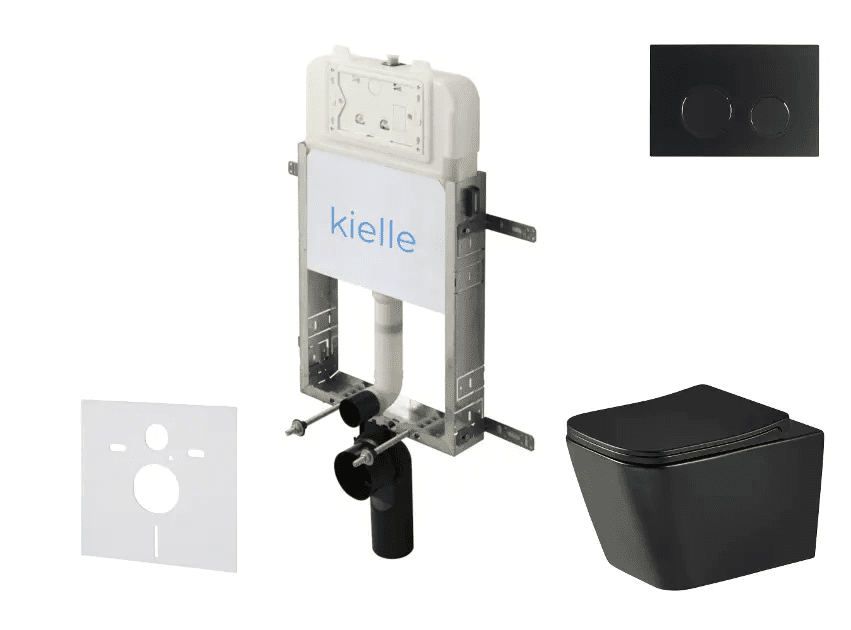 kielle 30528SZ95 - Set předstěnové instalace, klozetu Arkas I, Vortex Rimless+, sedátka softclose a tlačítka Gemini New II, matná černá