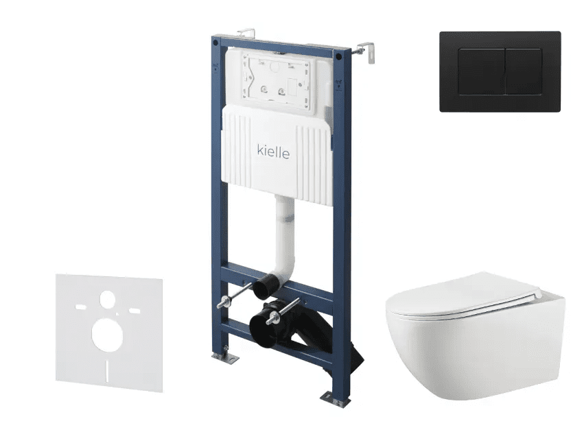 kielle 30528SS18 - Set předstěnové instalace, klozetu Gaia, Rimless, sedátka softclose a tlačítka Gemini New III, matná černá
