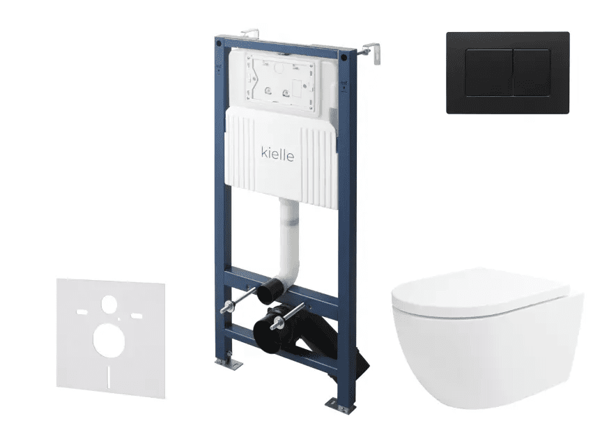 kielle 30528SS27 - Set předstěnové instalace, klozetu Oudee, Vortex Rimless+, sedátka softclose a tlačítka Gemini New III, matná černá