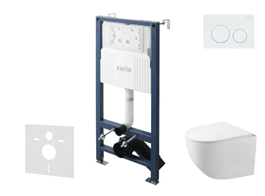 kielle 30528SS82 - Set předstěnové instalace, kompaktního klozetu Gaia, Rimless, sedátka softclose a tlačítka Gemini New I, lesklá bílá