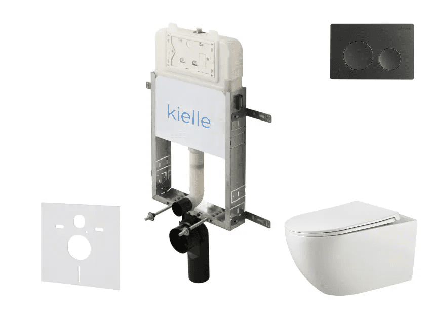 kielle 30528SZ12 - Set předstěnové instalace, klozetu Gaia, Rimless, sedátka softclose a tlačítka Gemini New I, matná černá