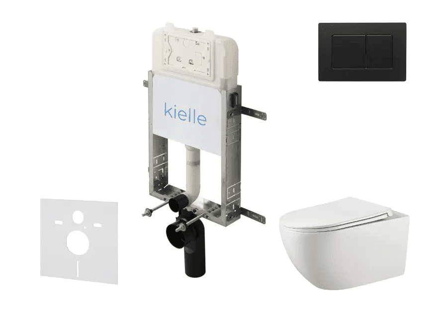 kielle 30528SZ18 - Set předstěnové instalace, klozetu Gaia, Rimless, sedátka softclose a tlačítka Gemini New III, matná černá
